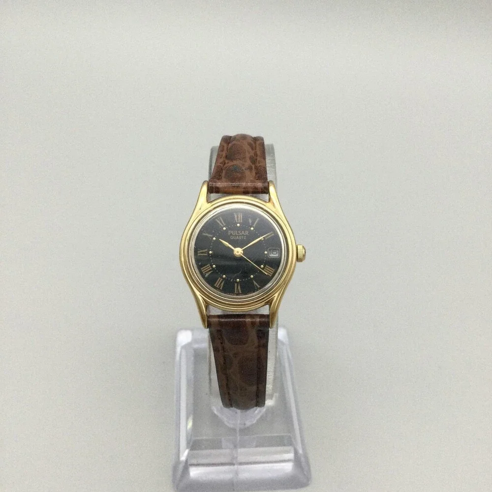 Vintage Pulsar Womens Watch 23mm Gold Tone Leather Date V827-0380 New Battery